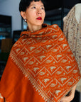 Vintage Heirloom Orange Silk Embroidery Pashmina Shawl with Exquisite Paisley Designs
