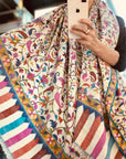 White Floral Design Kani Pashmina Shawl