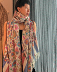 Oversized White Floral Design Kani Pashmina Shawl
