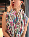 Oversized White Floral Design Kani Pashmina Shawl