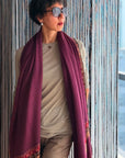 Vintage Plum Red Light Embroidery Pashmina Shawl