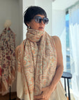 Vintage Ivory White Jamawar Embroidery Pashmina Shawl