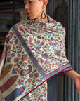 2.5 Yard White Floral Design Kani Pashmina Shawl