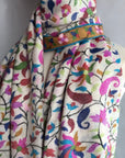 White Floral Design Kani Pashmina Shawl