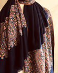 Navy Paisley Design Pashmina Shawl with Intricate Embroidery
