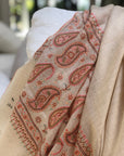 White Paisley Design Silk Embroidery Pashmina Shawl