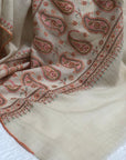 White Paisley Design Silk Embroidery Pashmina Shawl