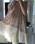 White Butidar Silk Embroidery Pashmina Shawl