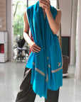 Turquoise Silk Embroidery Pashmina Shawl with Elegant Border Design