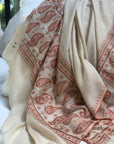 White Paisley Design Silk Embroidery Pashmina Shawl