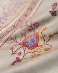Handspun Beige Silk Embroidered Pashmina Shawl with Intricate Floral Designs