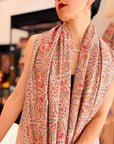 Handspun Coral Pink Silk Embroidery Pashmina Shawl with Exquisite Details