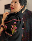 Elegant Black Iris Design Pashmina Shawl with Intricate Embroidery Details