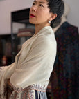 Extra Fine Ivory Paisley Design Embroidery Pashmina Shawl