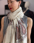 Extra Fine Ivory Paisley Design Embroidery Pashmina Shawl
