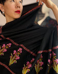 Elegant Black Iris Design Pashmina Shawl with Intricate Embroidery Details