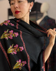 Elegant Black Iris Design Pashmina Shawl with Intricate Embroidery Details