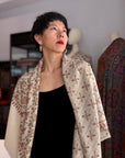 3 Yard Beige Designer Pashmina Shawl with Intricate Embroidery Details