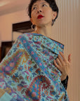 2.5 Yard Turquoise Handspun Kani Pashmina Shawl with Intricate Floral Designs | New Arrival