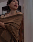 Vintage Golden Dhoor Embroidered Pashmina Shawl with Handspun Yarns