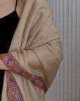 Elegant Apricot Dhoor Embroidered Pashmina Shawl with Intricate Designs