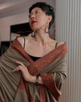 Vintage Dark Camel Dhoor Embroidered Pashmina Shawl with Paisley Designs