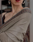 Vintage Natural Gray Dhoor Embroidered Pashmina Shawl with Geometric Designs