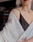 Extra Fine Ivory Silk Embroidered Pashmina Shawl with Elegant Buti Designs