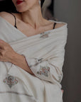 Extra Fine Ivory Silk Embroidered Pashmina Shawl with Elegant Buti Design