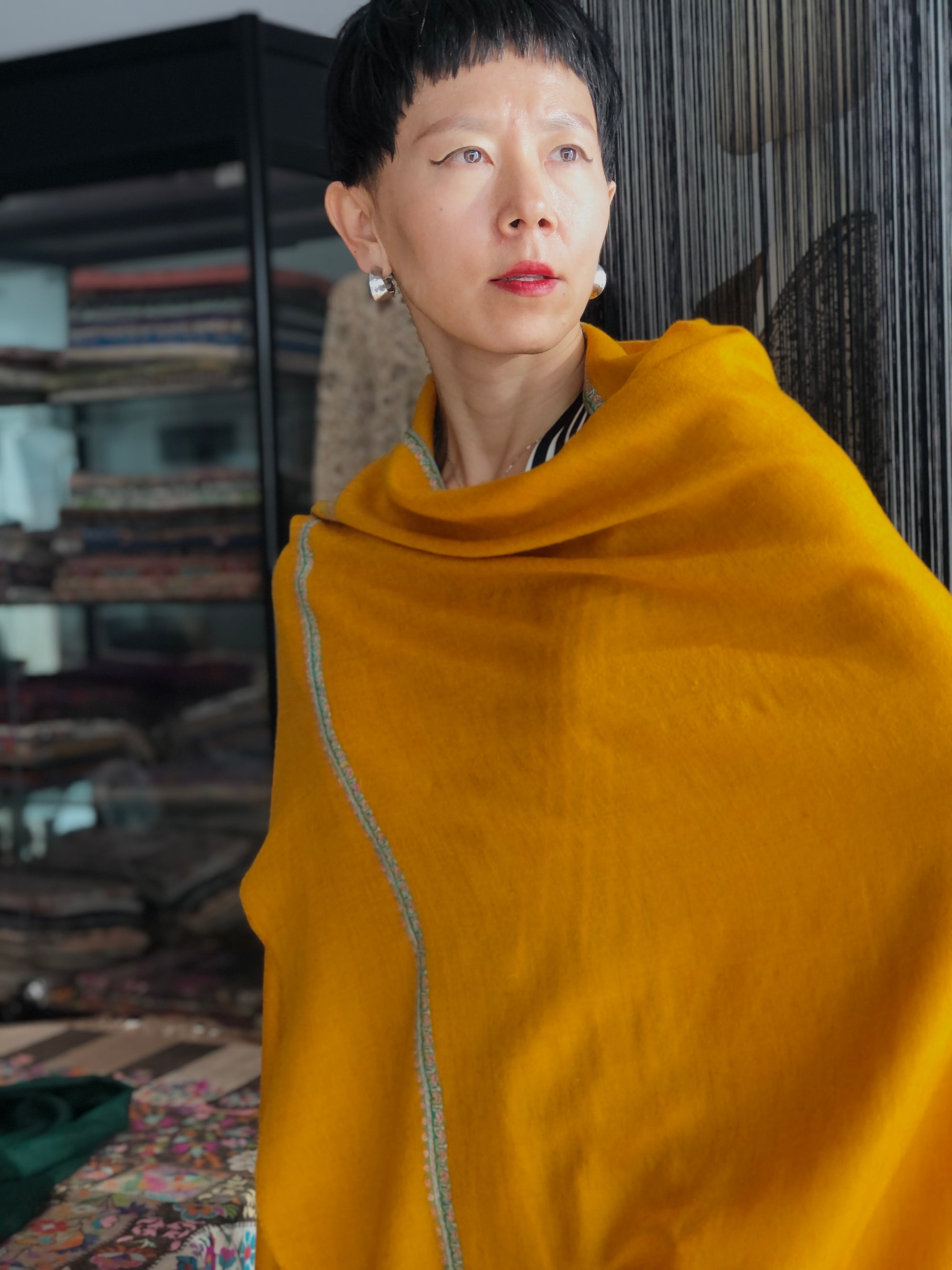 Vintage Mustard Silk Embroidery Pashmina Shawl