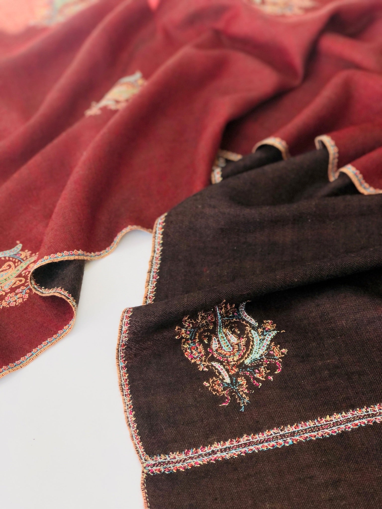 Dual Shade Butidar Embroidery Pashmina Shawl, Dark Brown and Maroon