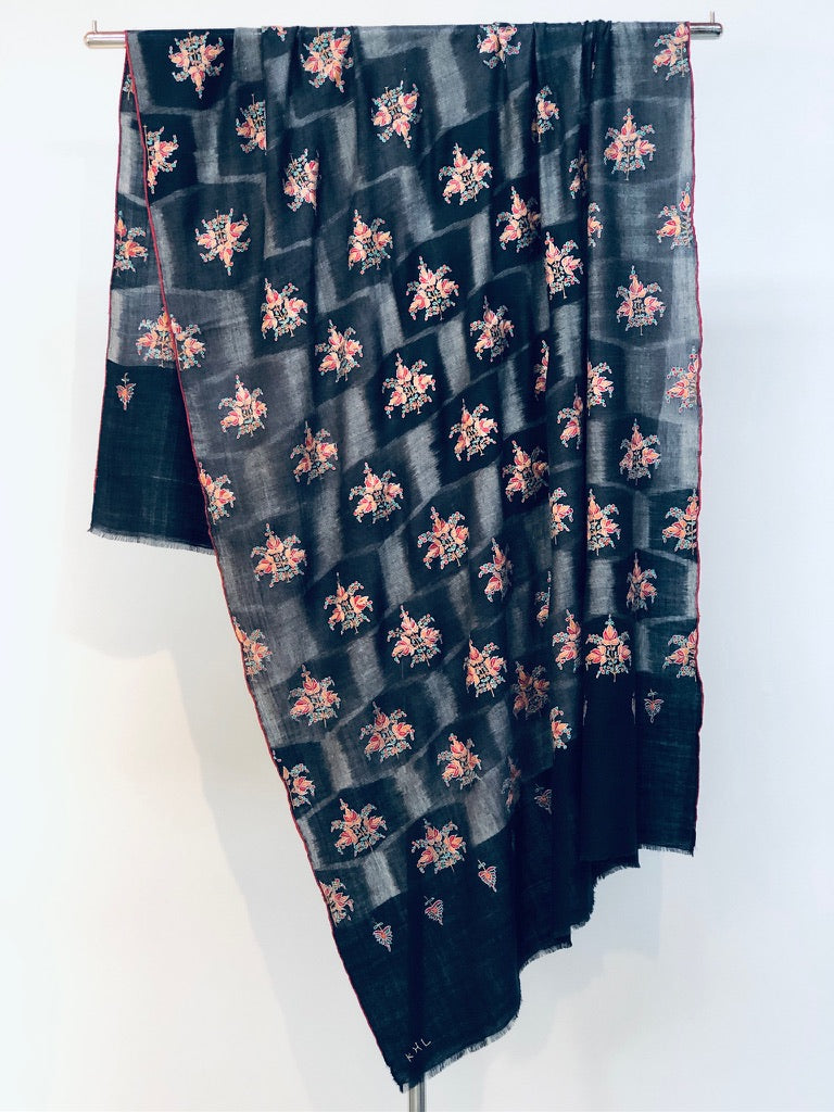 Black IKAT Butidar Floral Design Embroidery Pashmina Shawl