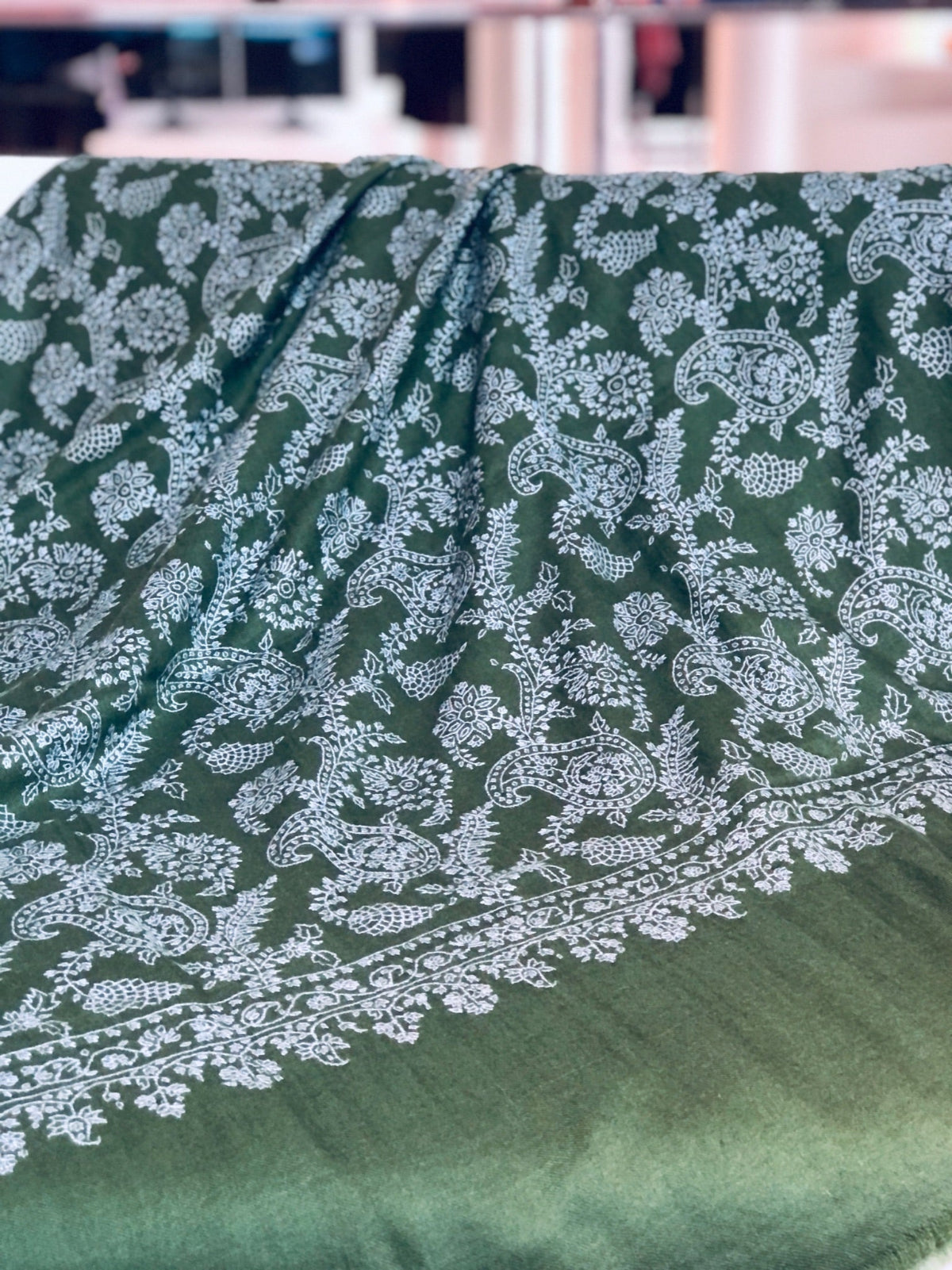 Emerald Green Paisley Embroidery Pashmina Shawl Image 5