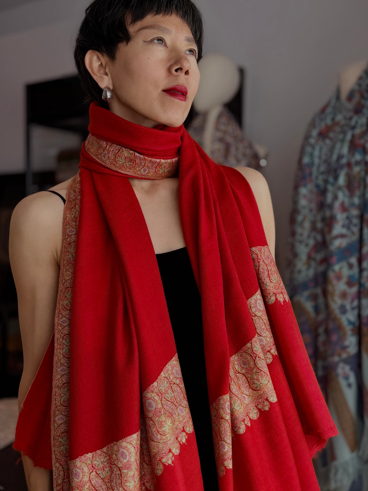 Peach Red Dhoor Embroidery Pashmina Shawl