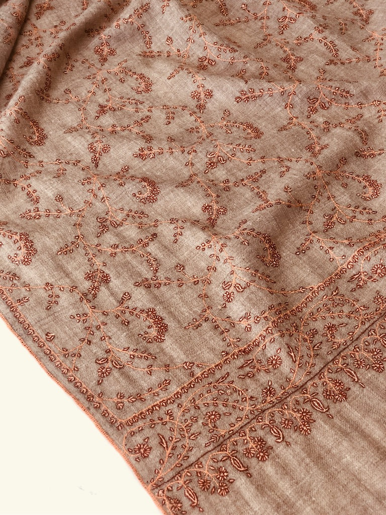 Dark Camel Paisley Design Embroidery Pashmina Scarf