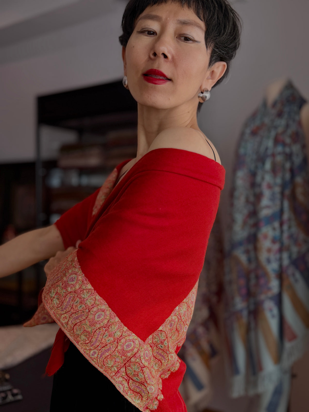 Peach Red Dhoor Embroidery Pashmina Shawl