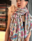 Oversized White Floral Design Kani Pashmina Shawl