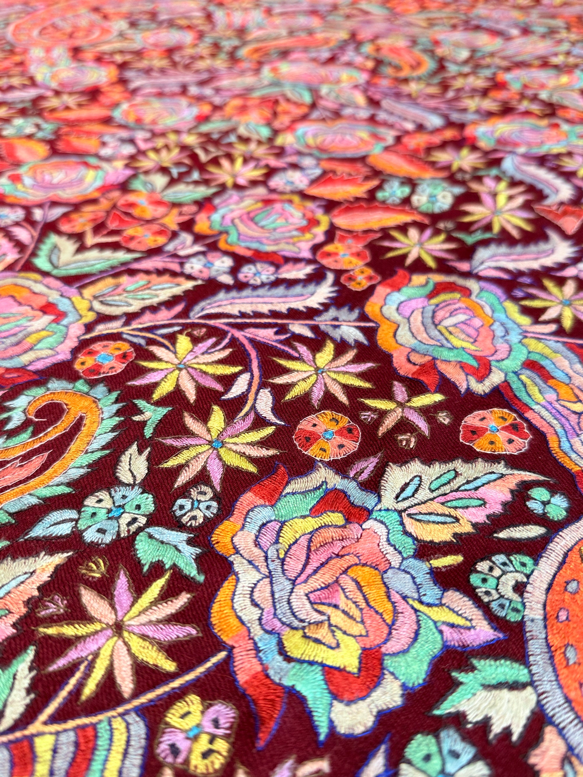 Maroon Dancing Almond Sozni Jamawar Embroidery Pashmina Shawl
