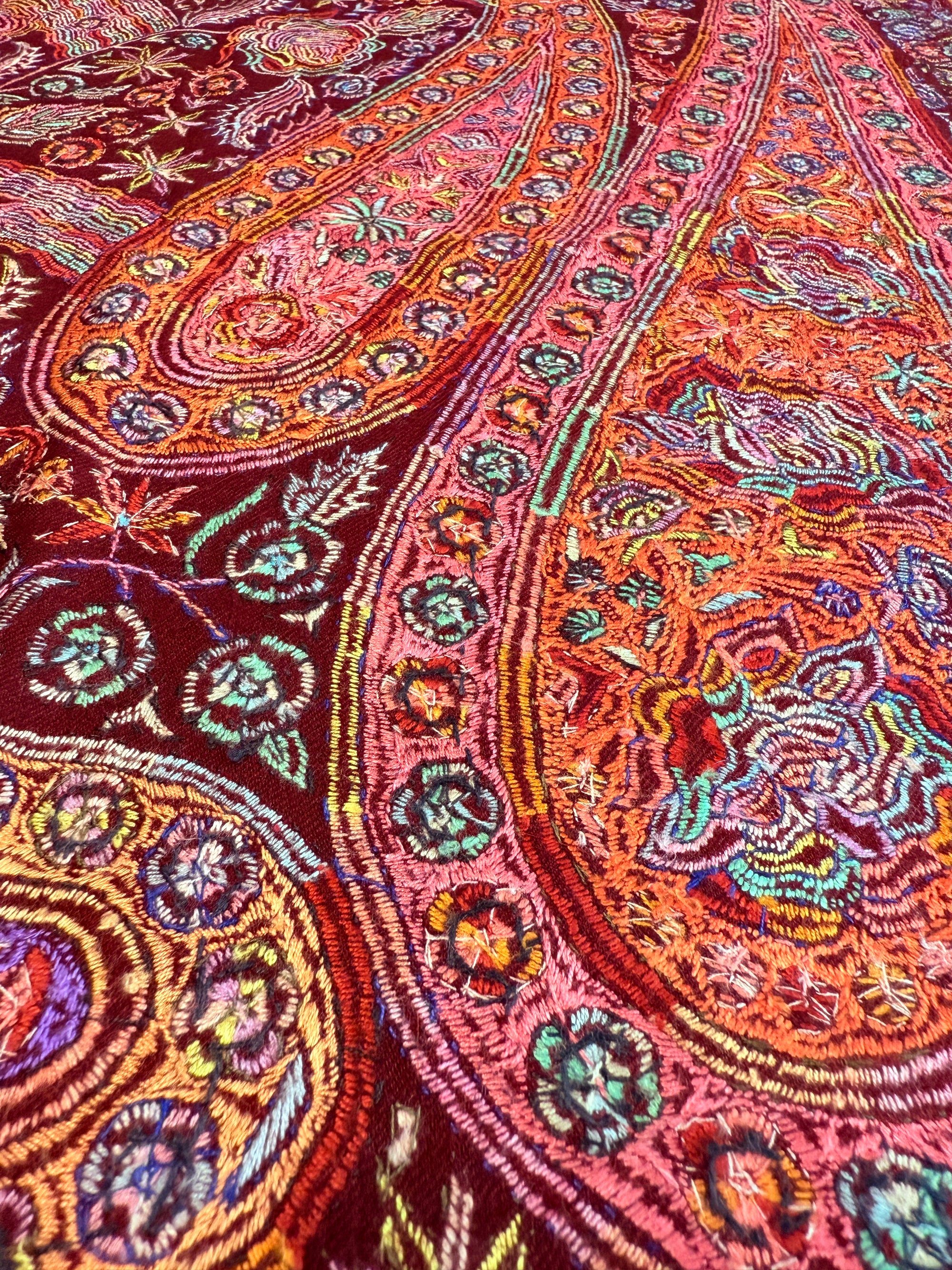 Maroon Dancing Almond Sozni Jamawar Embroidery Pashmina Shawl