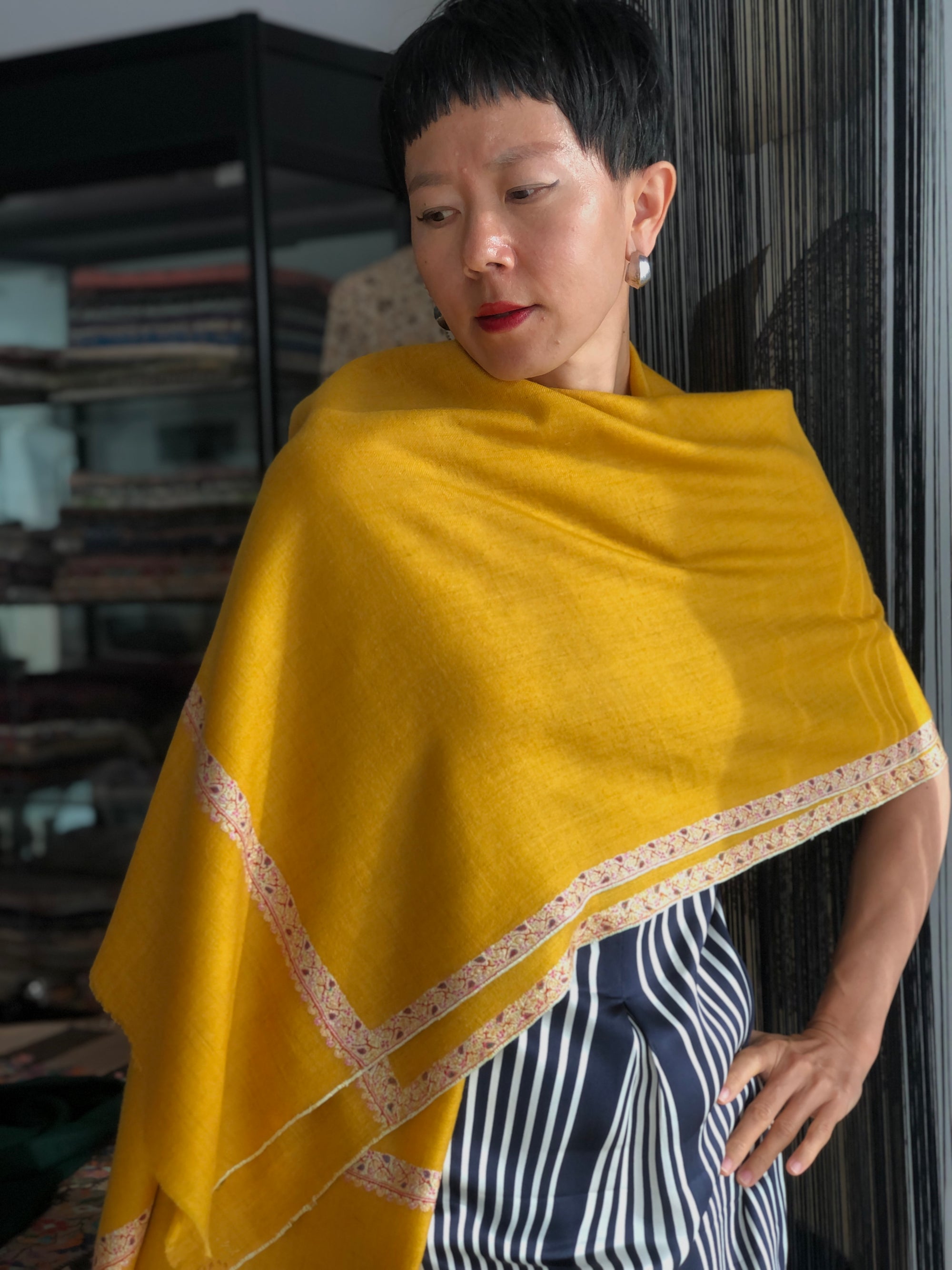 Vintage Yellow Silk Embroidery Pashmina Shawl