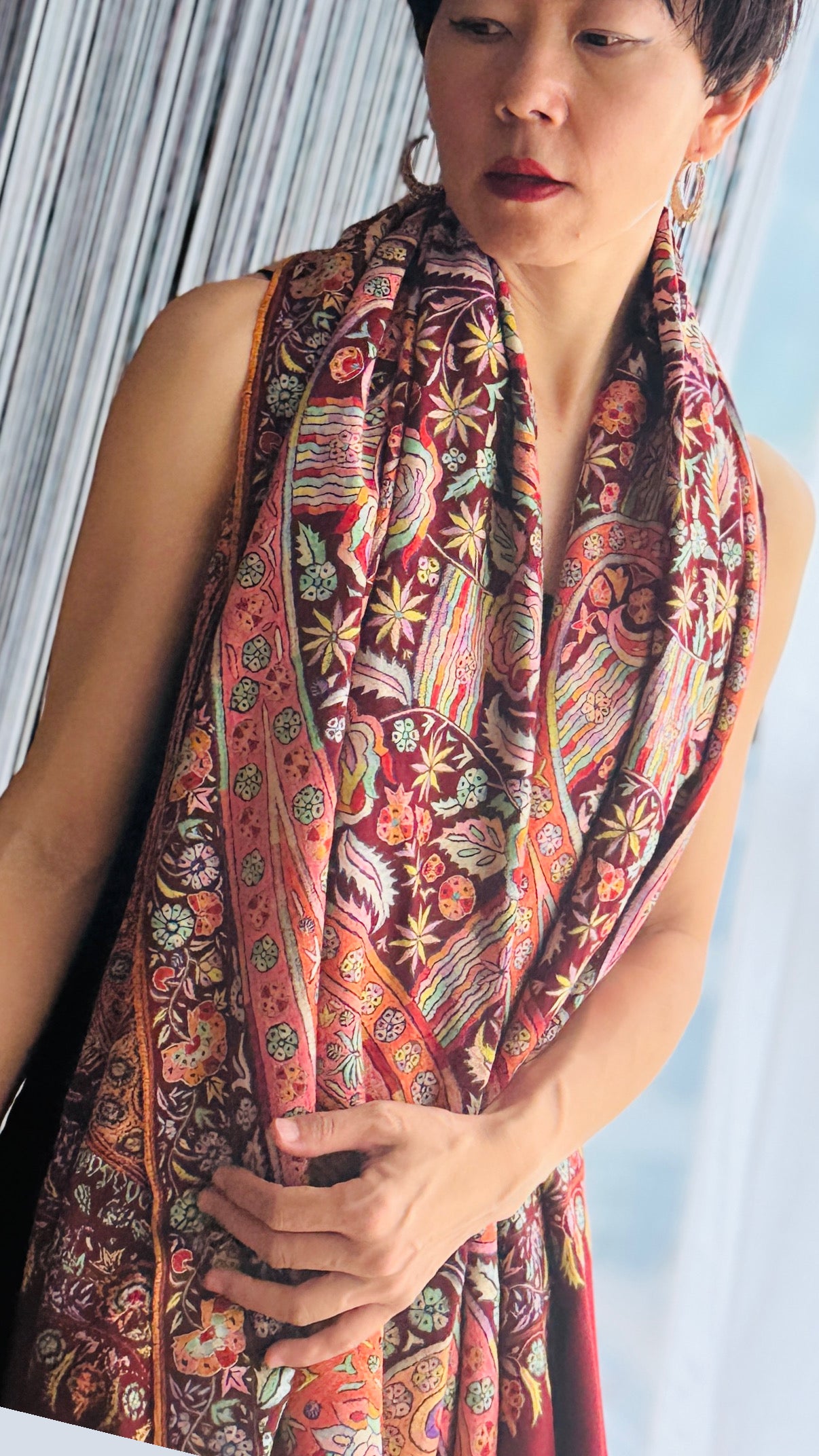 Maroon Dancing Almond Sozni Jamawar Embroidery Pashmina Shawl