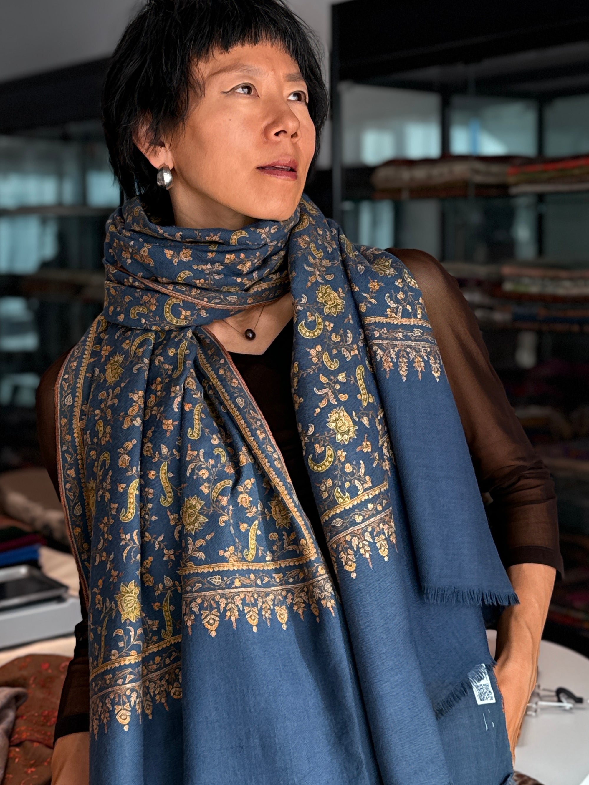 Vintage Foggy Blue Paisley Pashmina Shawl