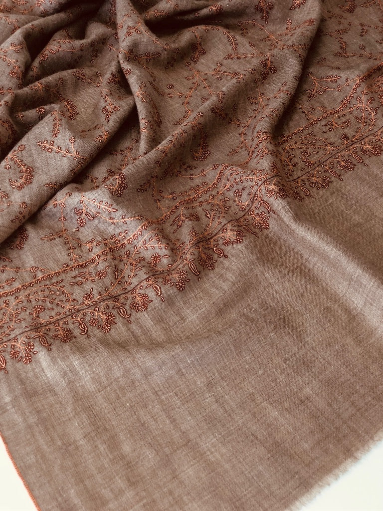 Dark Camel Paisley Design Embroidery Pashmina Scarf