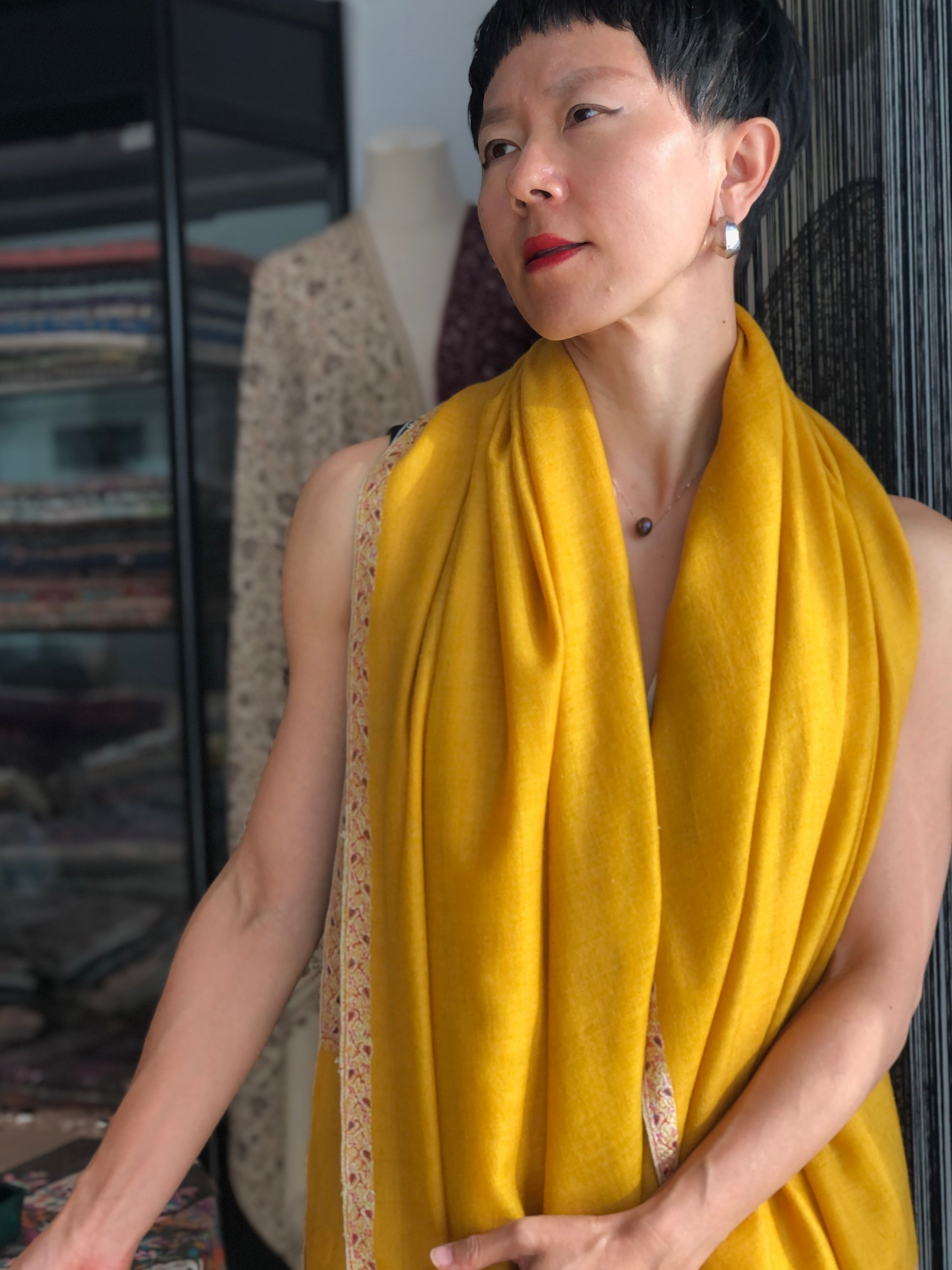 Vintage Yellow Silk Embroidery Pashmina Shawl