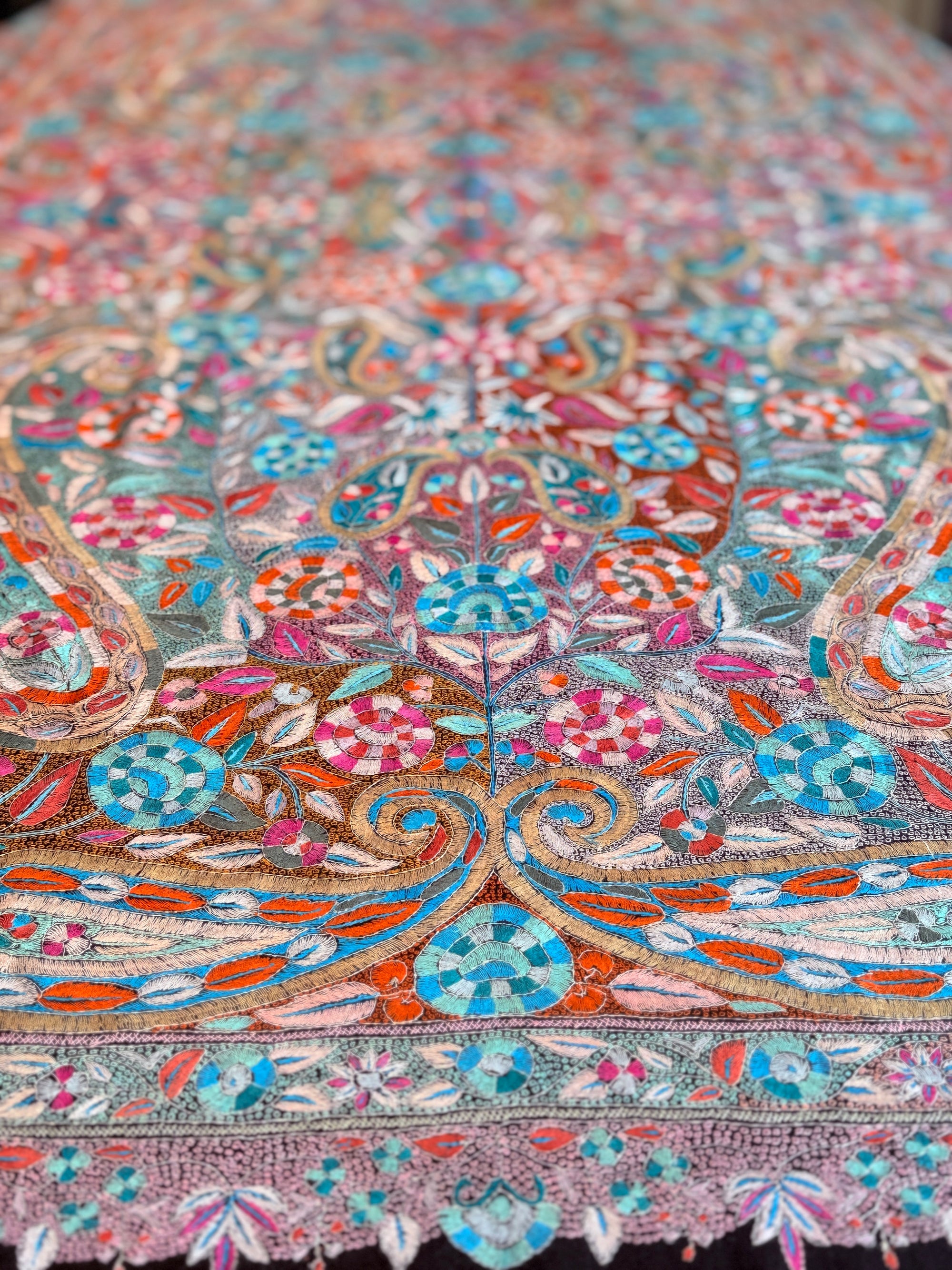 Black Dancing Almond Sozni Jamawar Embroidery Pashmina Shawl