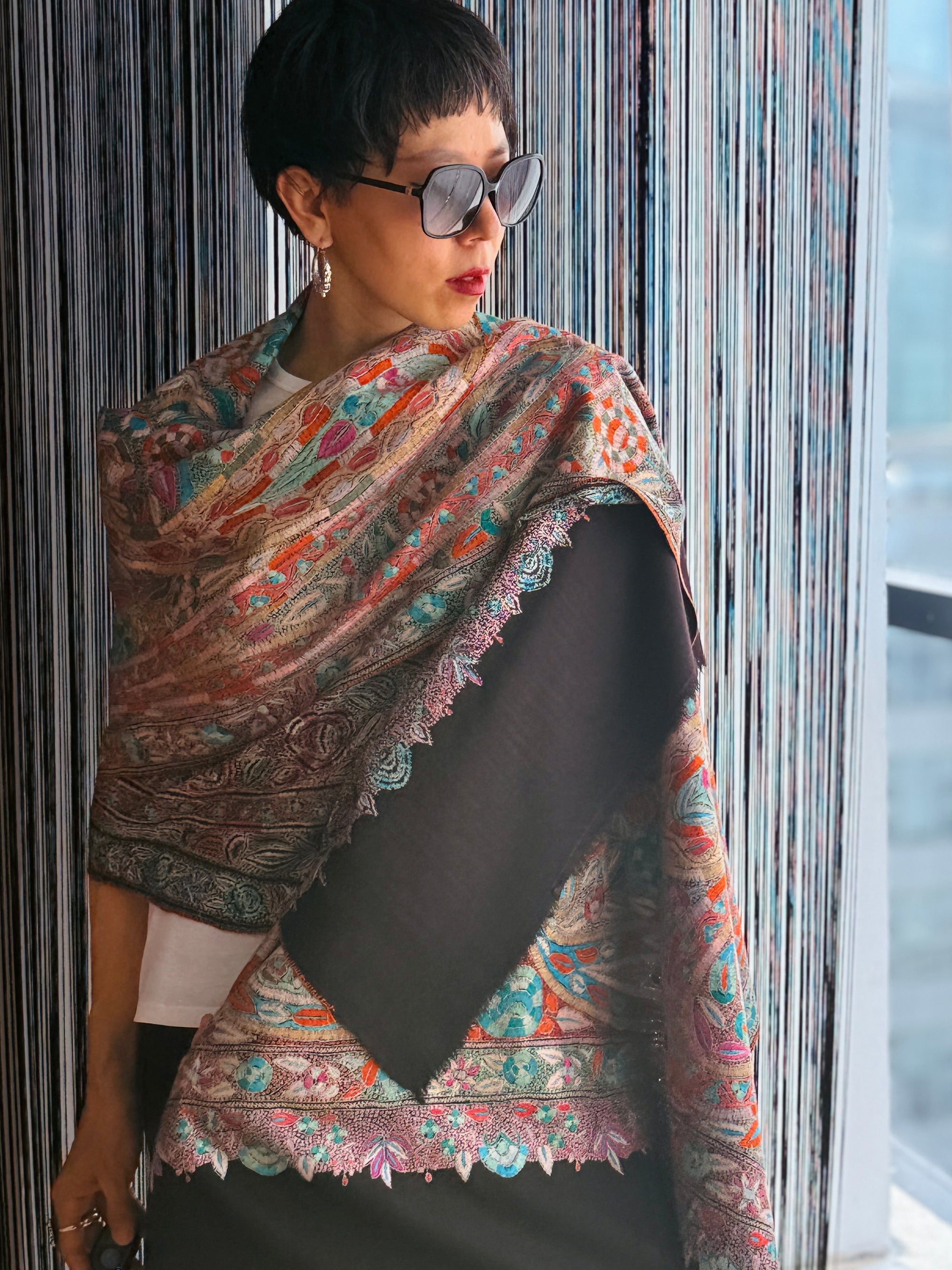 Black Dancing Almond Sozni Jamawar Embroidery Pashmina Shawl