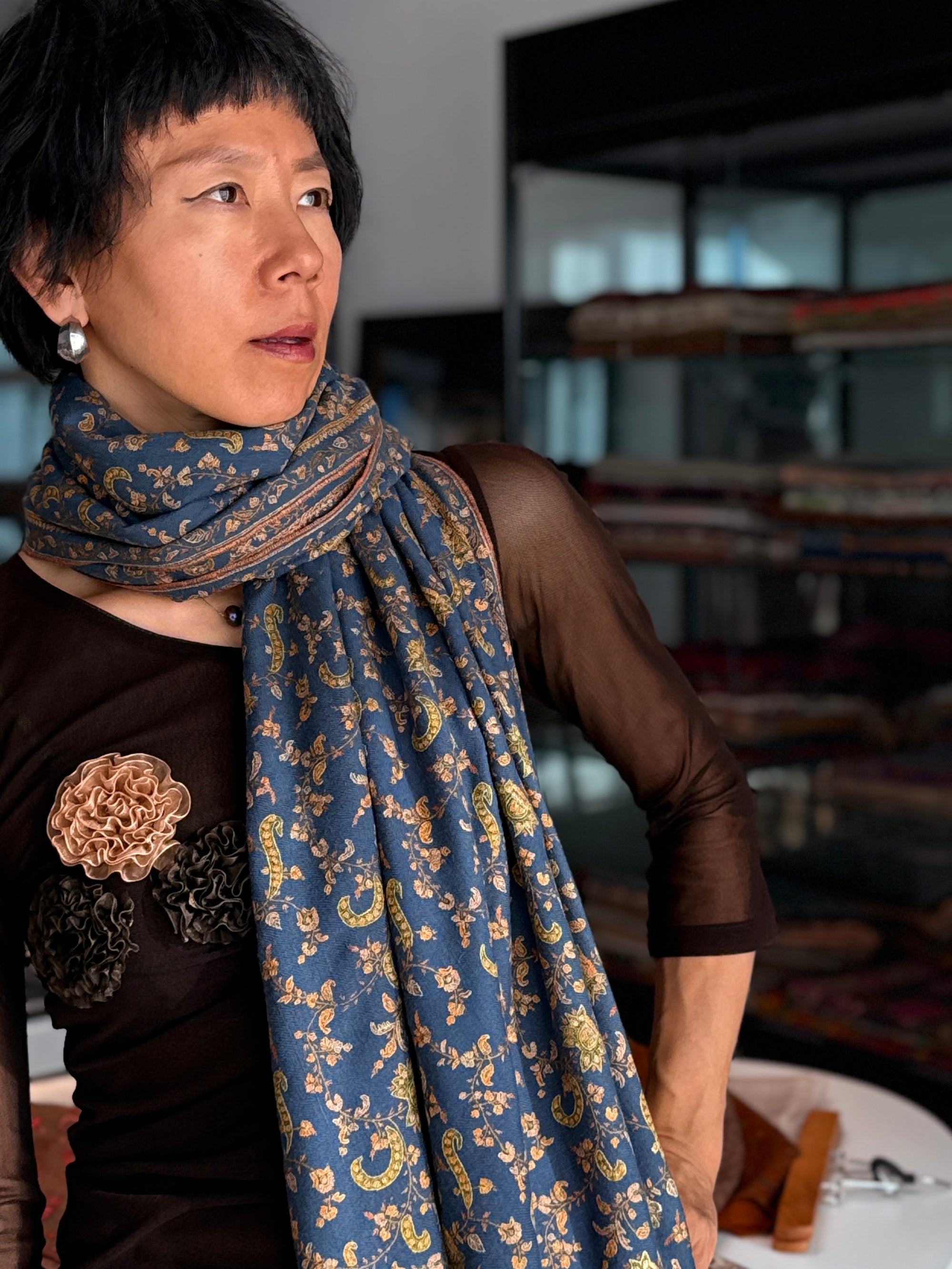 Vintage Foggy Blue Paisley Pashmina Shawl