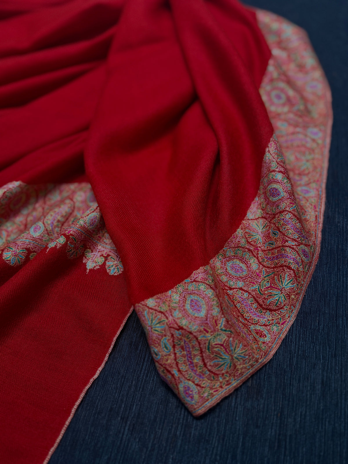 Peach Red Dhoor Embroidery Pashmina Shawl