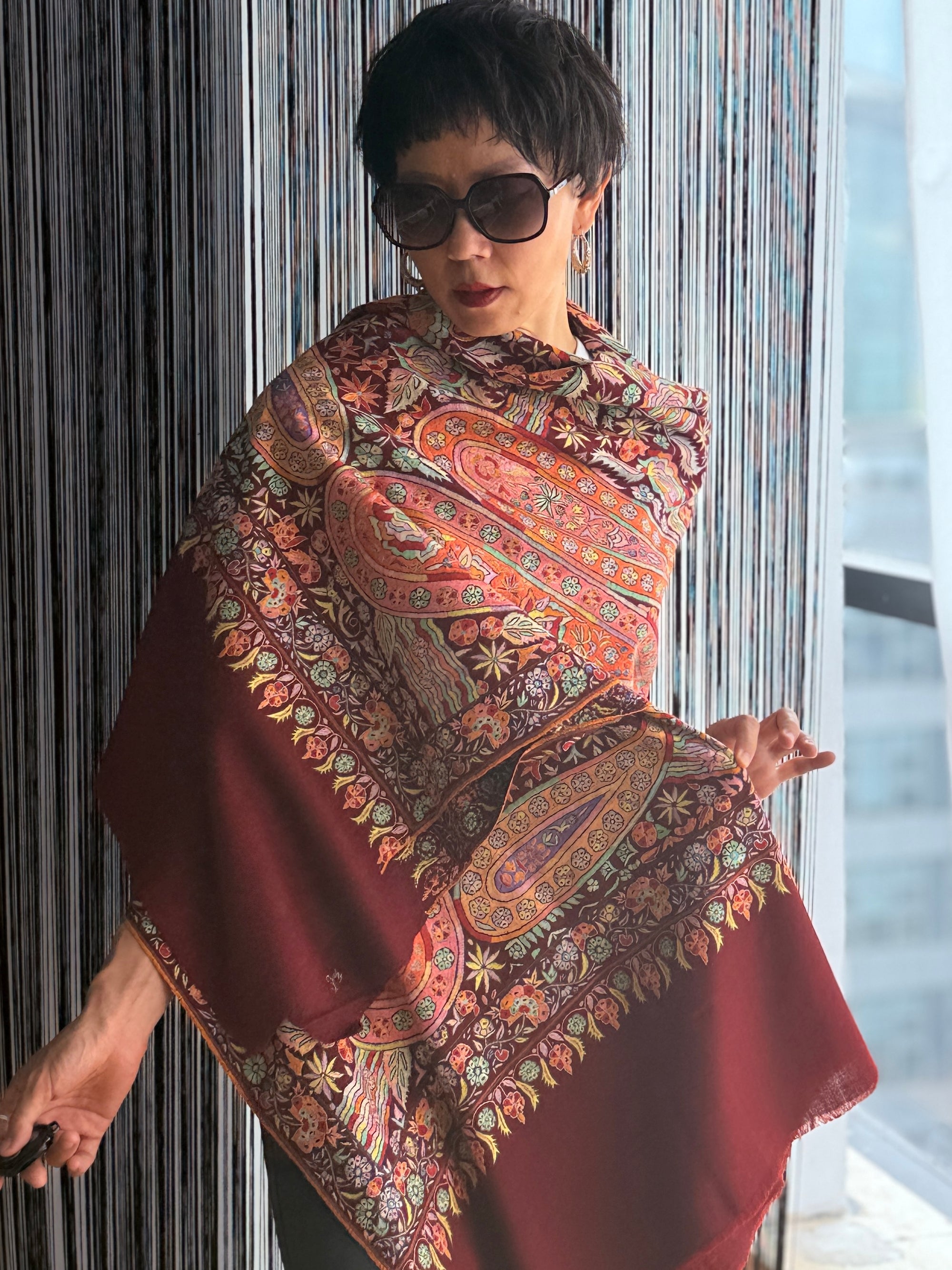 Maroon Dancing Almond Sozni Jamawar Embroidery Pashmina Shawl