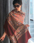 Maroon Dancing Almond Sozni Jamawar Embroidery Pashmina Shawl